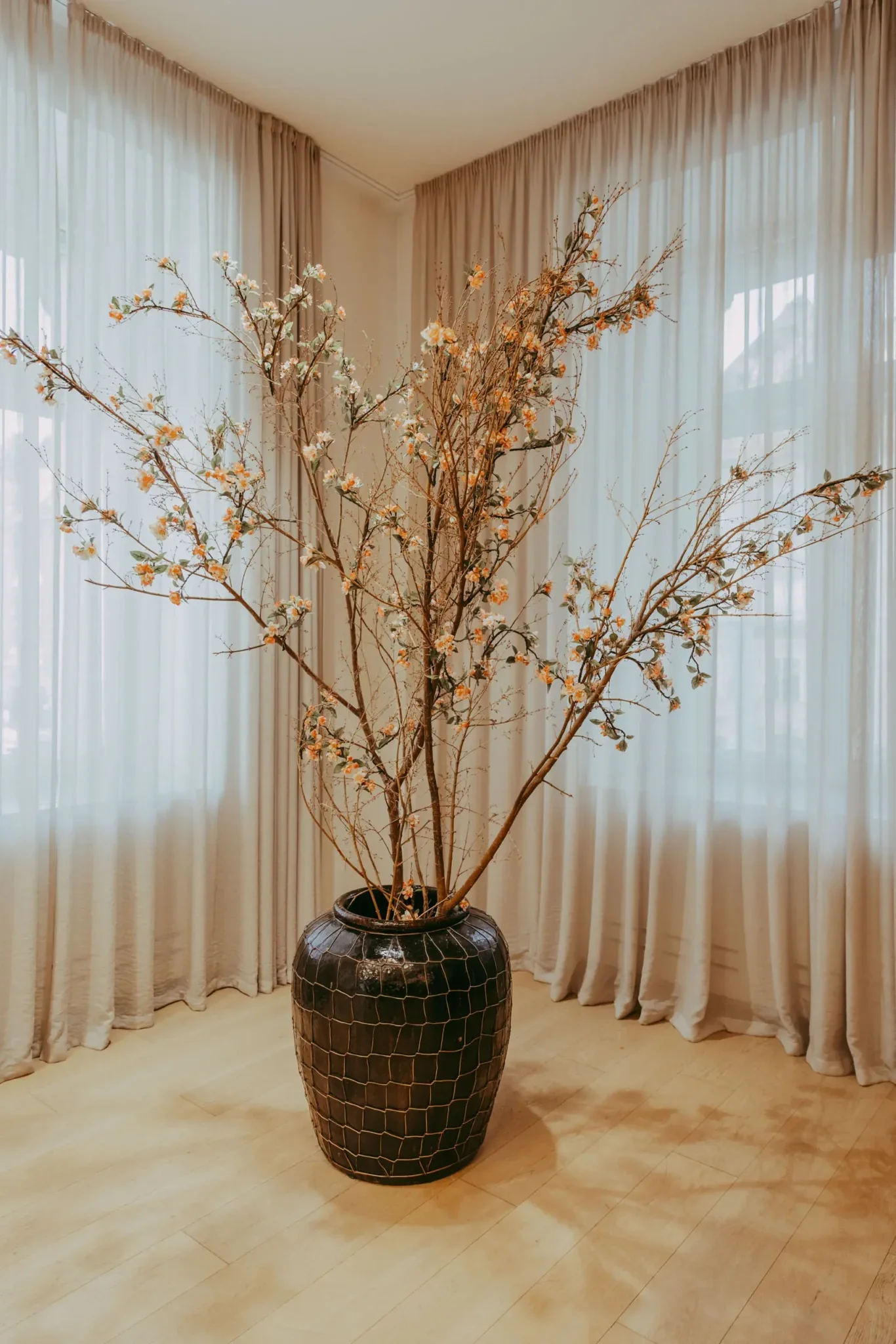 Großer blumenloser Zweig in einer schwarzen Vase vor weißen Gardinen im Wohnzimmer.