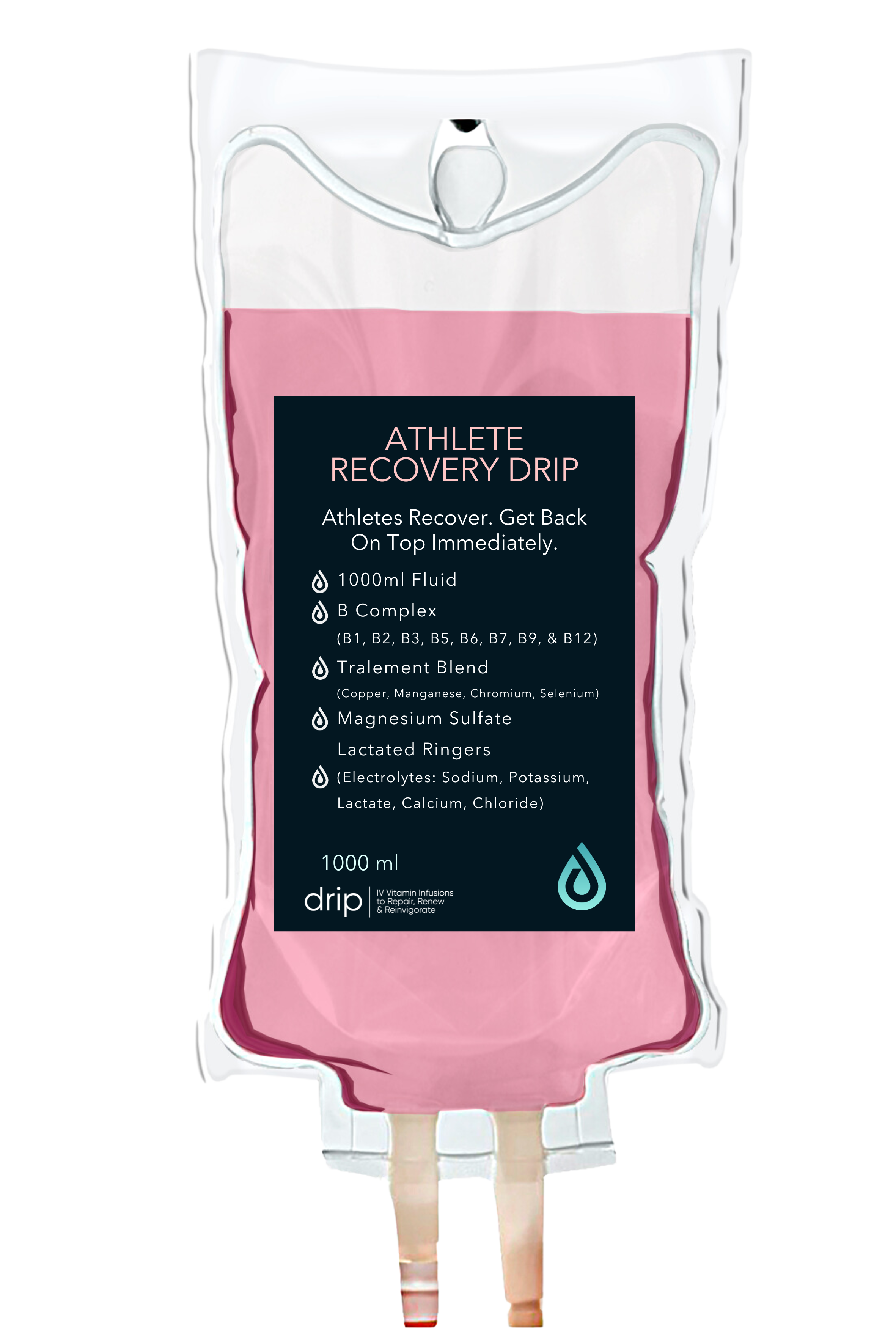 Packaging of Athlete Recovery Drip, a 1000ml fluid with ingredients like B complex, Tracelement Mix, Magnesium sulfate, Lactated Ringers, and electrolytes.
