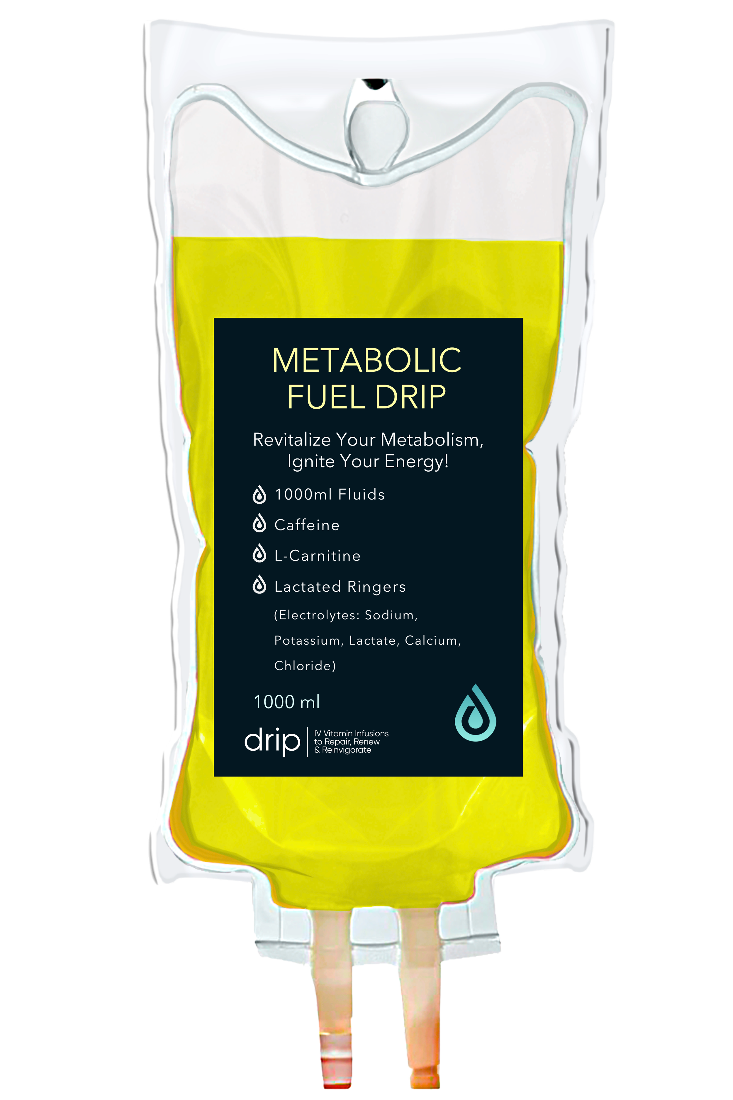A medical packet labeled 'Metabolic Fuel Drip' with instructions to revitalize metabolism and ignite energy, containing ingredients like caffeine, L-Carnitine, and electrolytes, with a 1000 ml fluid capacity and a dropper icon.