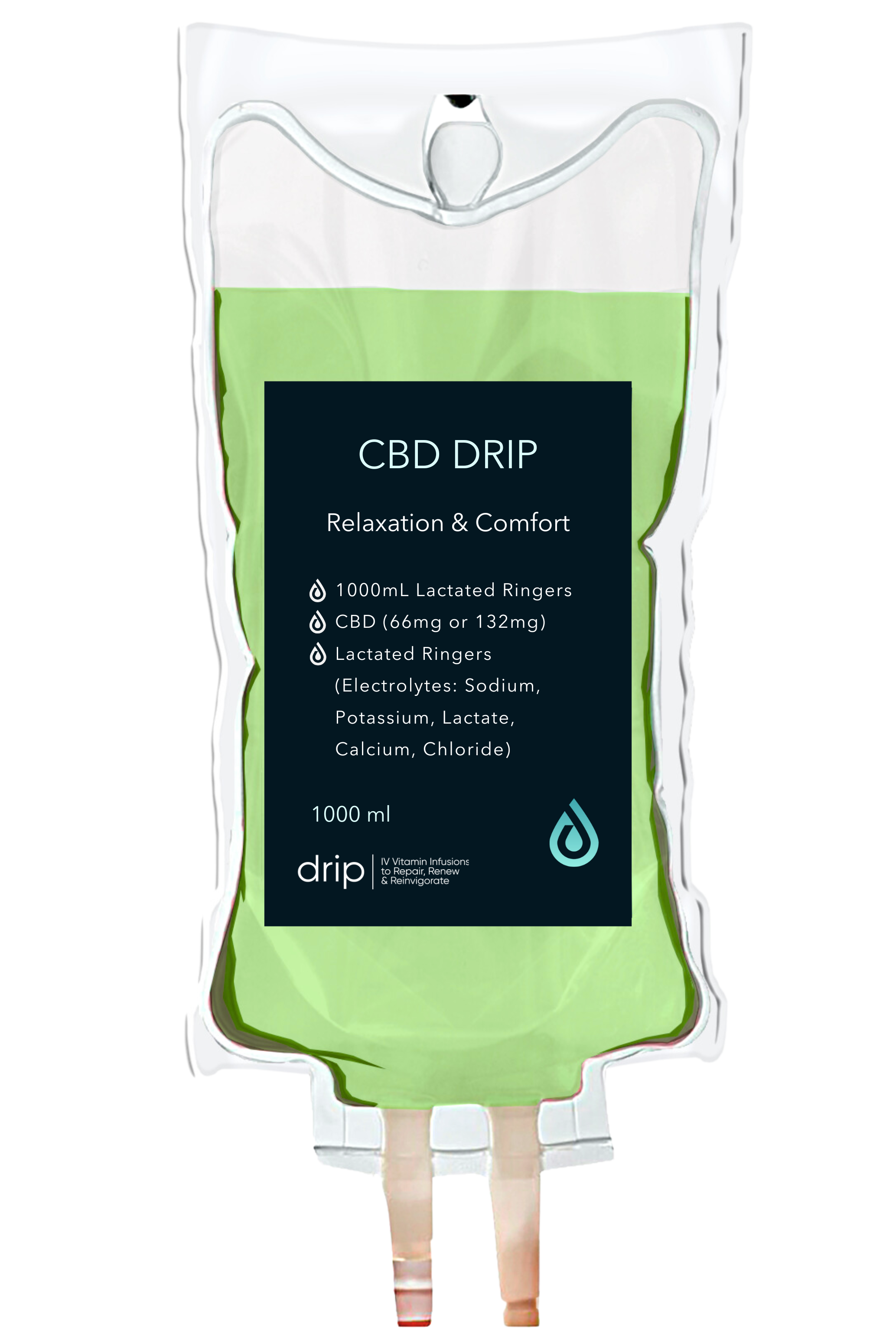 A green CBD drip infusion bag with a black label that reads 'CBD DRIP', 'Relaxation & Comfort', and contains 1000 mL of lactated ringer's solution, with additional details about CBD dosage and electrolytes. The bag has an IV port at the top and two IV tubes extending from it.