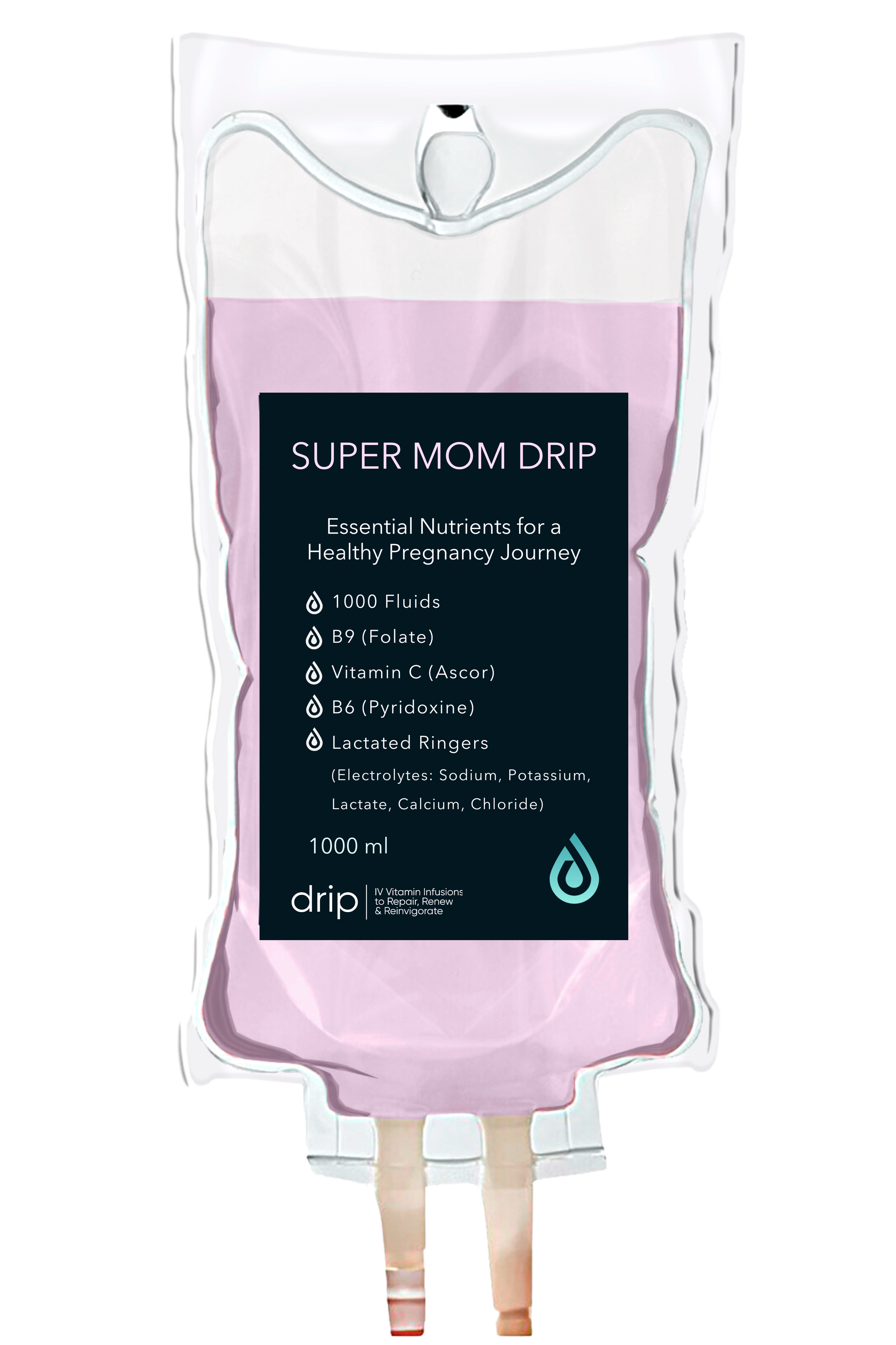 A medical IV drip bag labeled 'Super Mom Drip' containing liquids with nutrients and electrolytes, designed for pregnancy health.