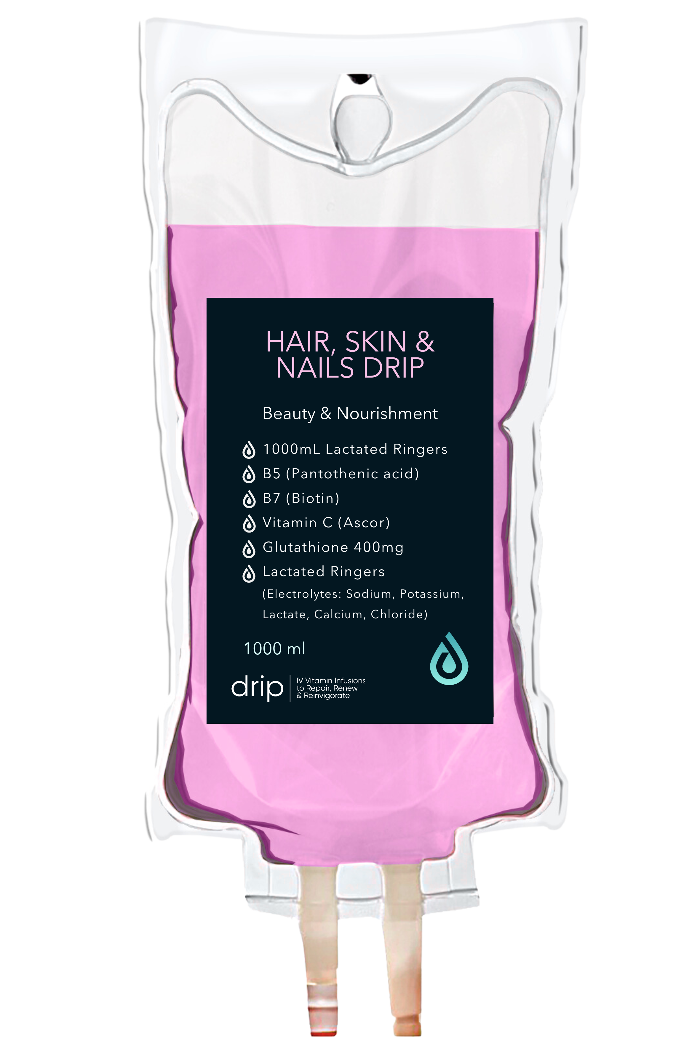 A purple IV drip bag labeled "Hair, Skin & Nails Drip" with ingredients including B5, B7, Vitamin C, Glutathione, Lactated Ringers, and electrolytes.