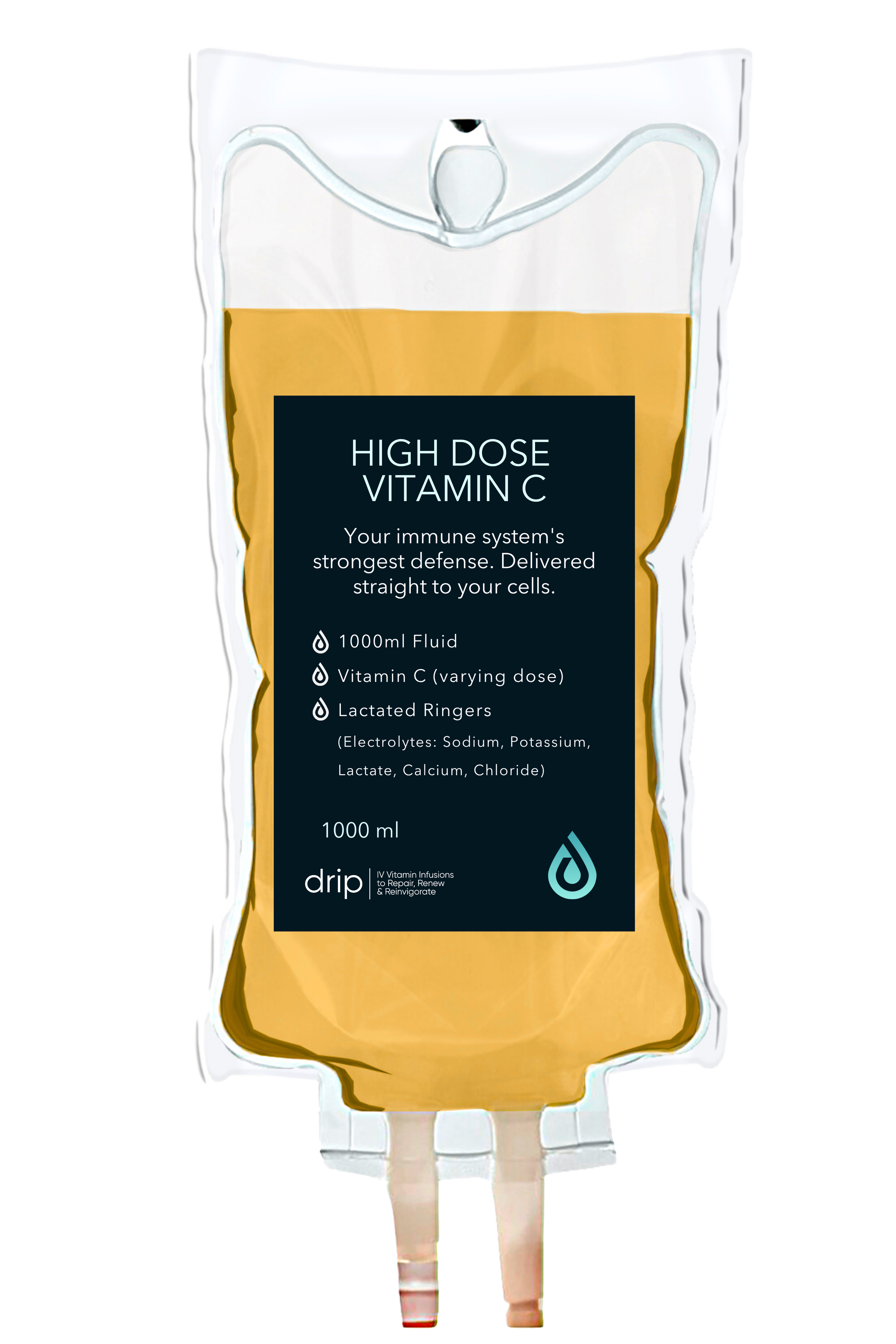 A medical IV drip bag labeled 'High Dose Vitamin C' containing 1000ml of fluid, with additional details about Vitamin C dose and electrolytes, including sodium, potassium, lactate, calcium, and chloride.