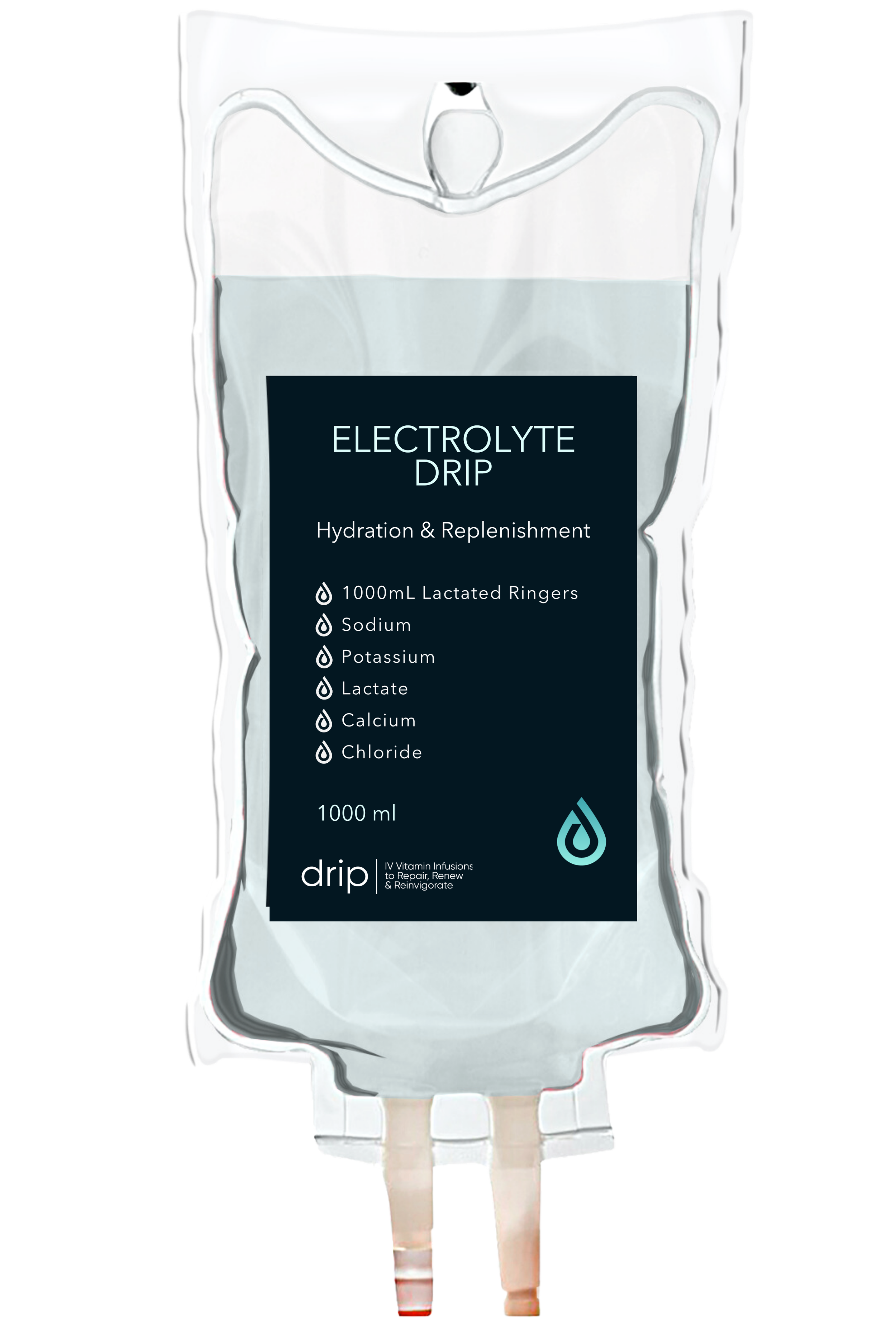 A medical IV bag labeled 'Electrolyte Drip' for hydration and replenishment, containing a clear liquid, with text listing ingredients such as sodium, potassium, lactate, calcium, and chloride, and a drain icon at the bottom.