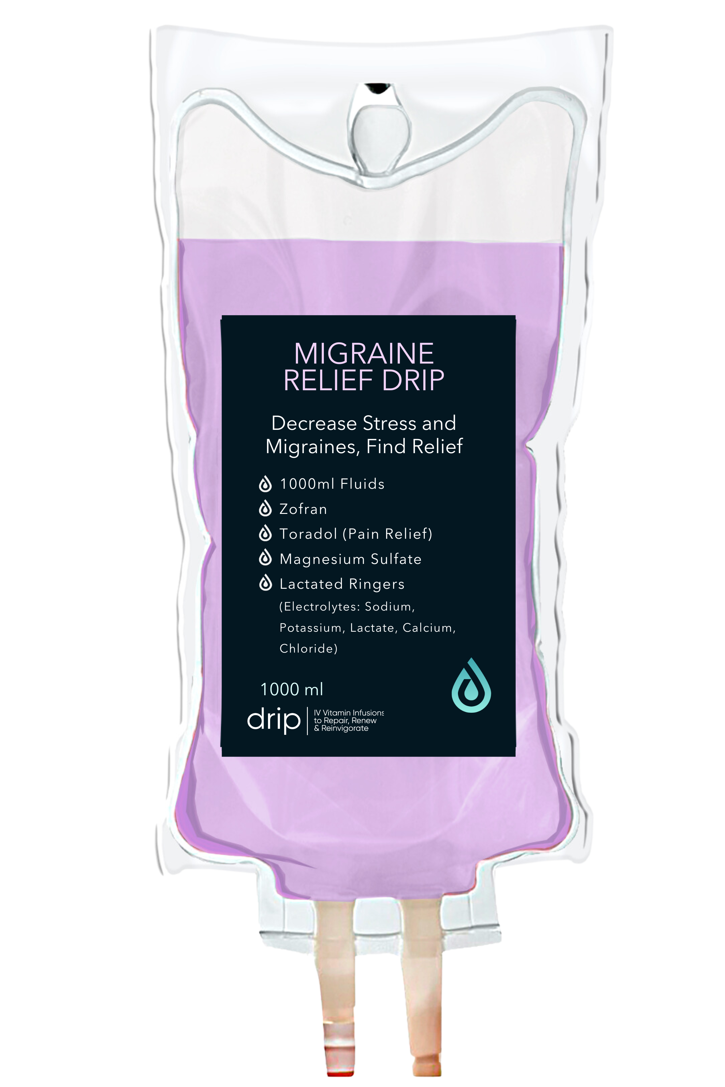 A medical IV drip bag with a purple liquid labeled 'Migraine Relief Drip' containing ingredients like Zofran, Toradol, Magnesium Sulfate, and Lactated Ringers, used for headache relief.
