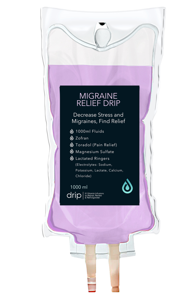 The Migraine Relief IV bag with its ingredient label