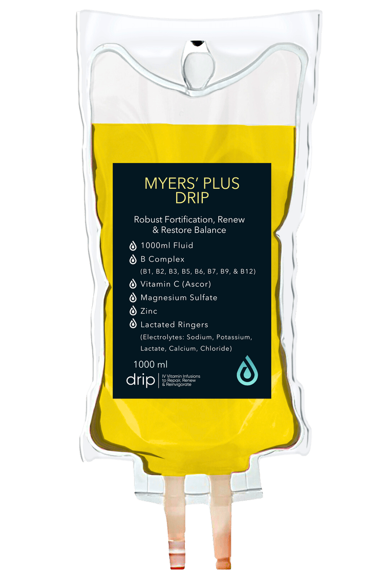 The Myers' Plus IV bag with its ingredient label