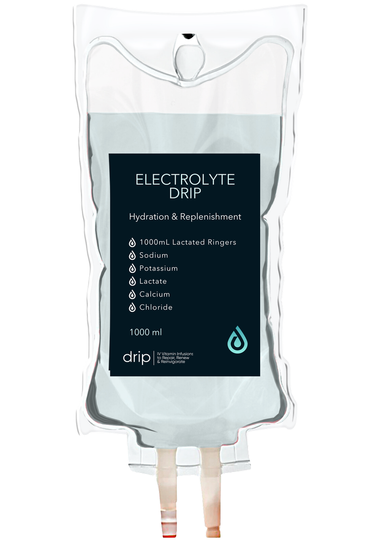 The Electrolyte Drip IV bag with its ingredient label
