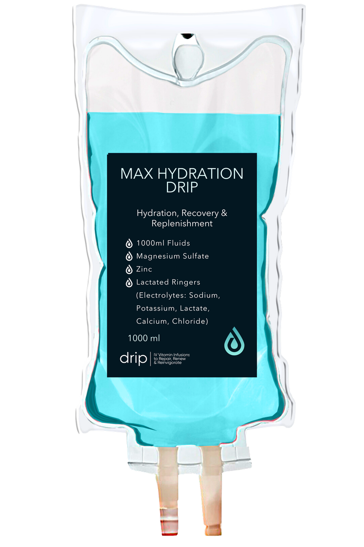 The Max Hydration IV bag with its ingredient label
