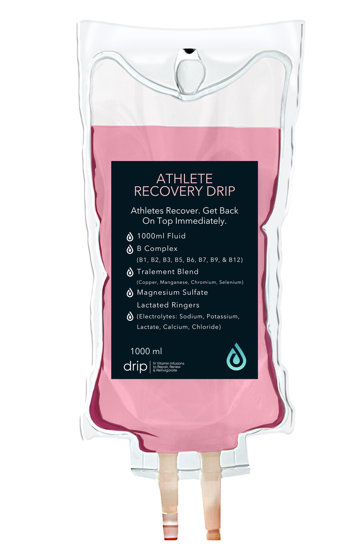 The Athlete Recovery IV bag with its ingredient label