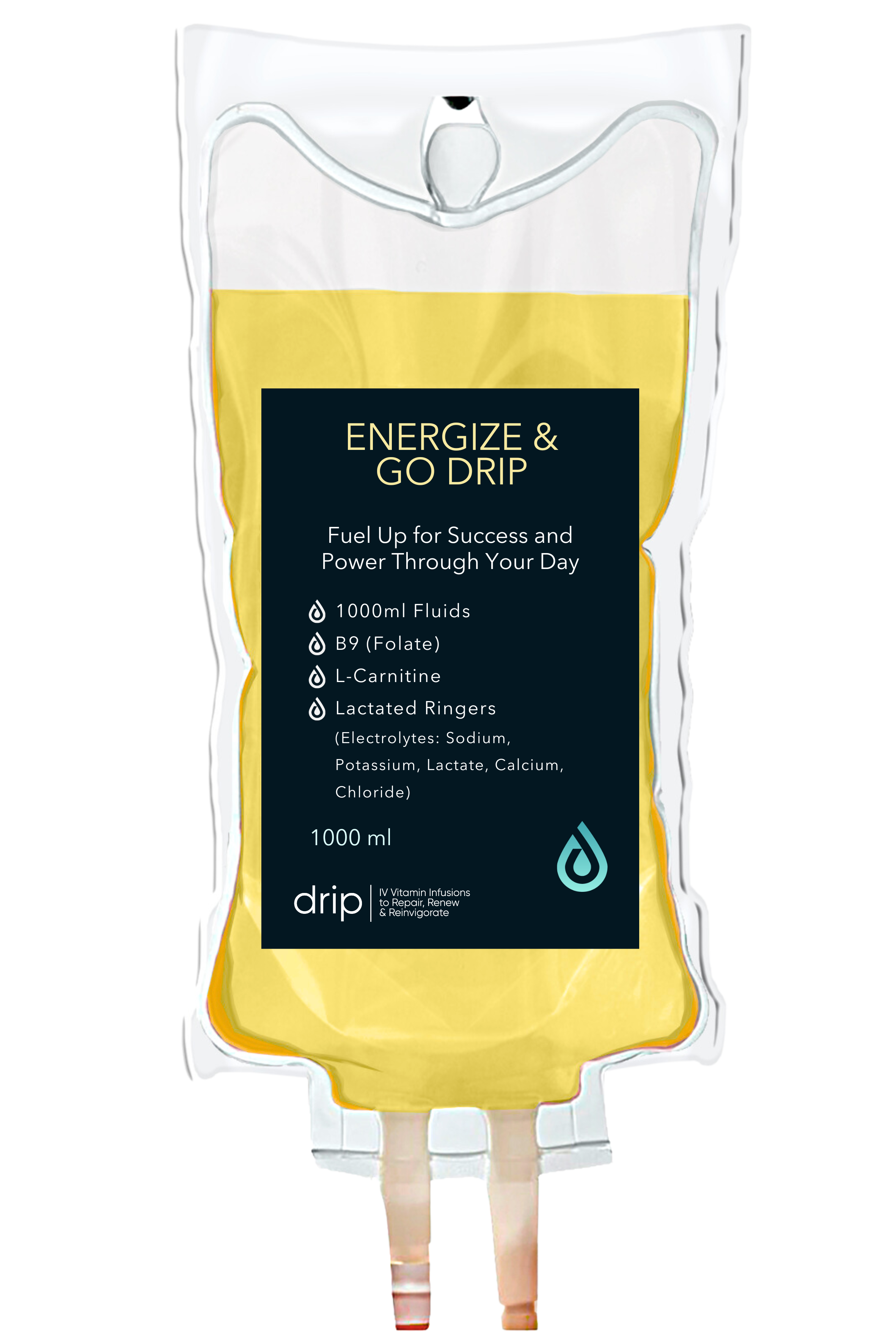 A yellow IV fluid bag labeled 'Energize & Go Drip' with ingredients listed including B9 (Folate), L-Carnitine, and Lactated Ringers, designed for IV vitamin infusions.