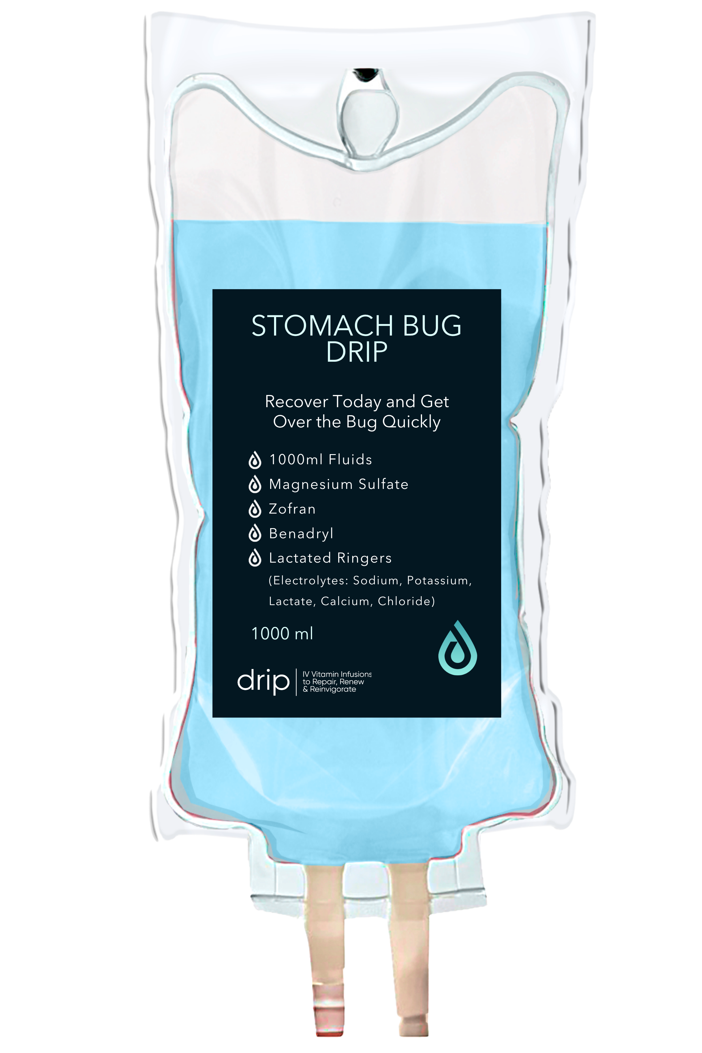 A medical IV drip bag filled with a blue liquid labeled 'Stomach Bug Drip.' The bag is designed to help recover from stomach bugs and contains electrolytes such as sodium, potassium, lactate, calcium, and chloride.