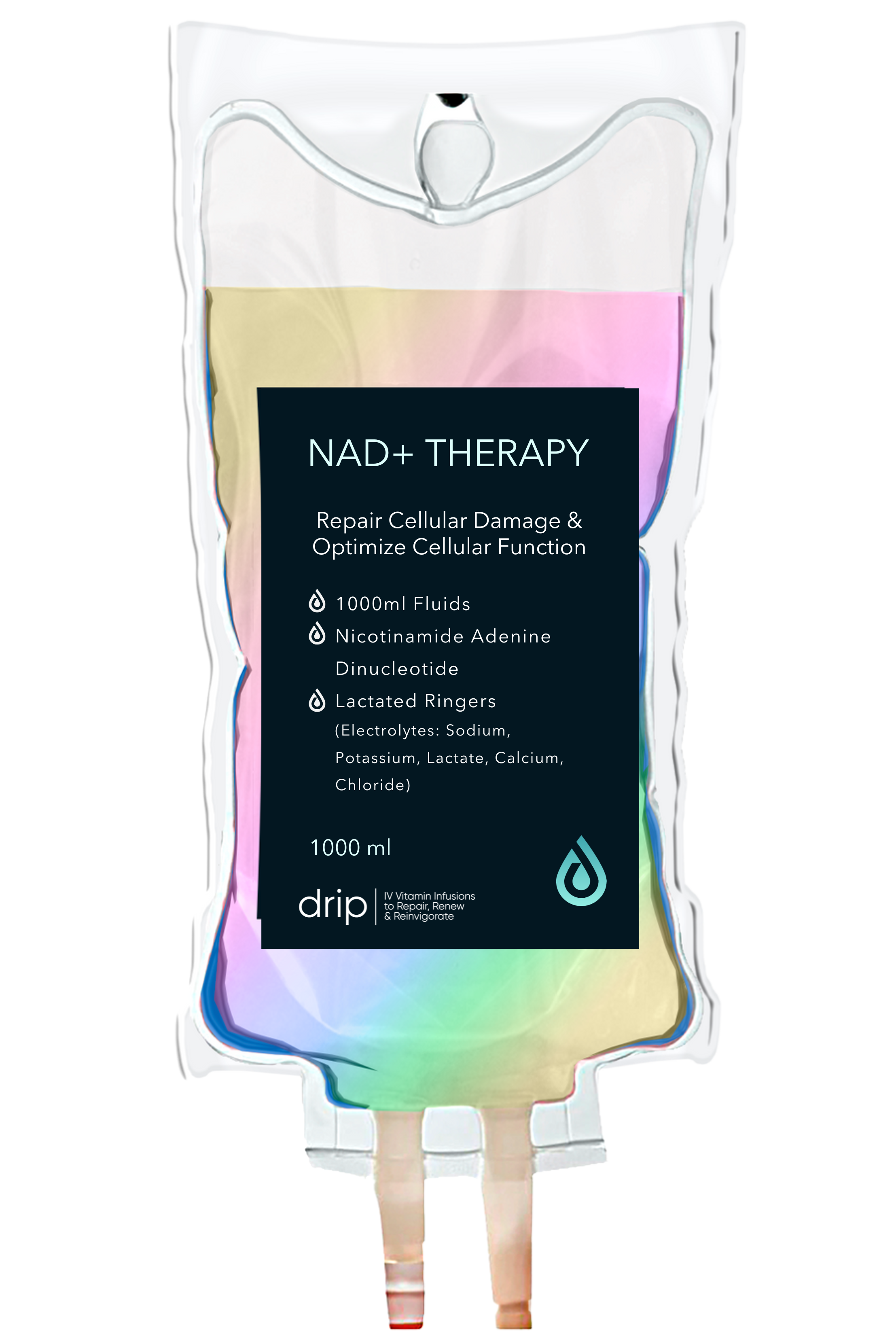 A medical product package with a label that says 'NAD+ Therapy'. The package contains 1000 ml of fluid for IV vitamin infusions and includes ingredients such as nicotinamide adenine dinucleotide, lactated ringers, and various electrolytes. The package has a transparent section showing the fluid inside and features a tube and a drip label at the bottom.