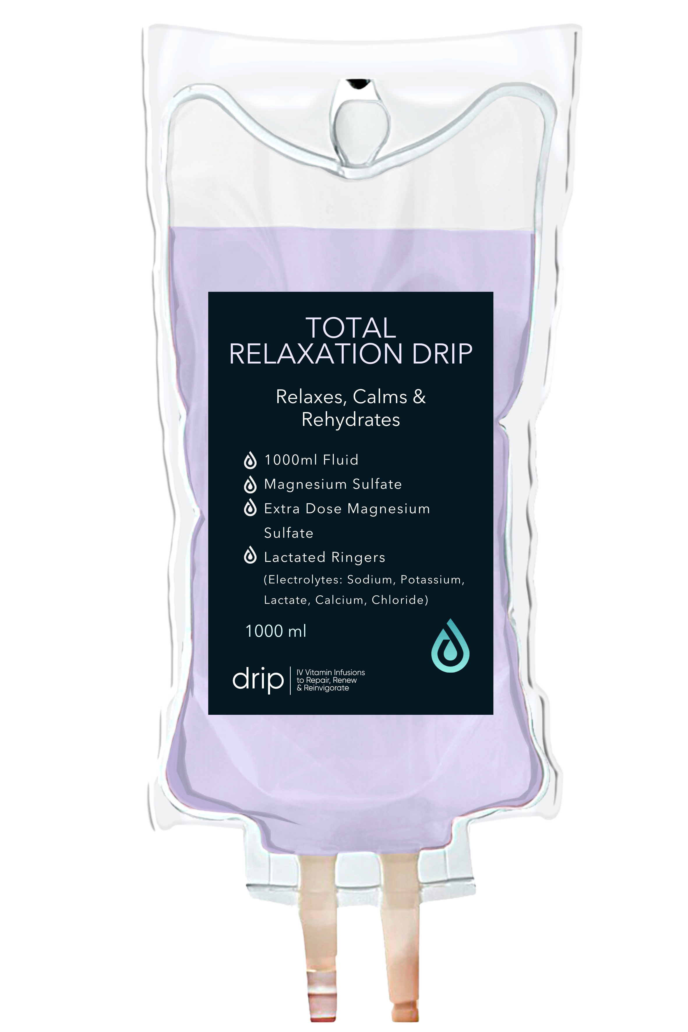 A clear plastic IV drip bag filled with a purple liquid, labeled 'Total Relaxation Drip.' The label mentions it relaxes, calms, and rehydrates, with ingredients like magnesium sulfate, extra dose magnesium sulfate, lactated rings, and electrolytes including sodium, potassium, lactate, calcium, and chloride. The bag holds 1000ml of fluid.