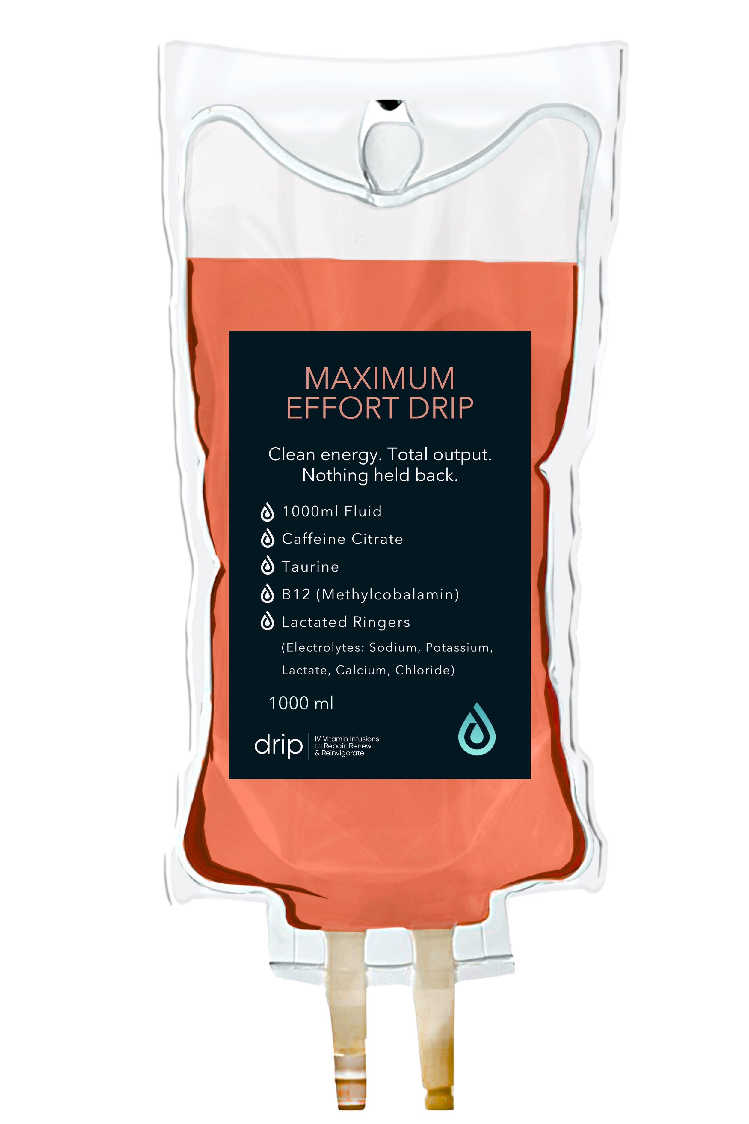 A packet of nutritional supplement labeled "Maximum Effort Drip" with a design resembling a blood bag. The packet lists ingredients including 1000ml fluid, caffeine citrate, taurine, B12 (Methylcobalamin), lactated ringers, and electrolytes. The packet also mentions benefits like clean energy, total output, and nothing held back.