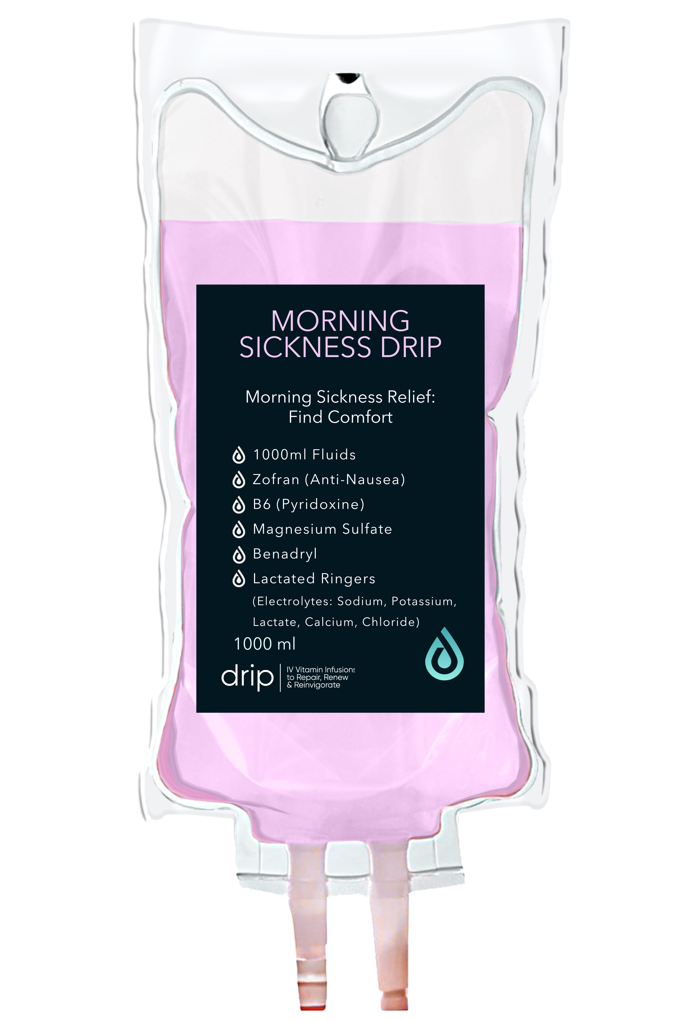 A medical IV drip bag labeled 'Morning Sickness Drip' with ingredients for morning sickness relief, including Zofran, B6, magnesium sulfate, benadryl, lactated ringers, and electrolytes. The bag contains 1000ml fluids and has a tube attached for infusion.