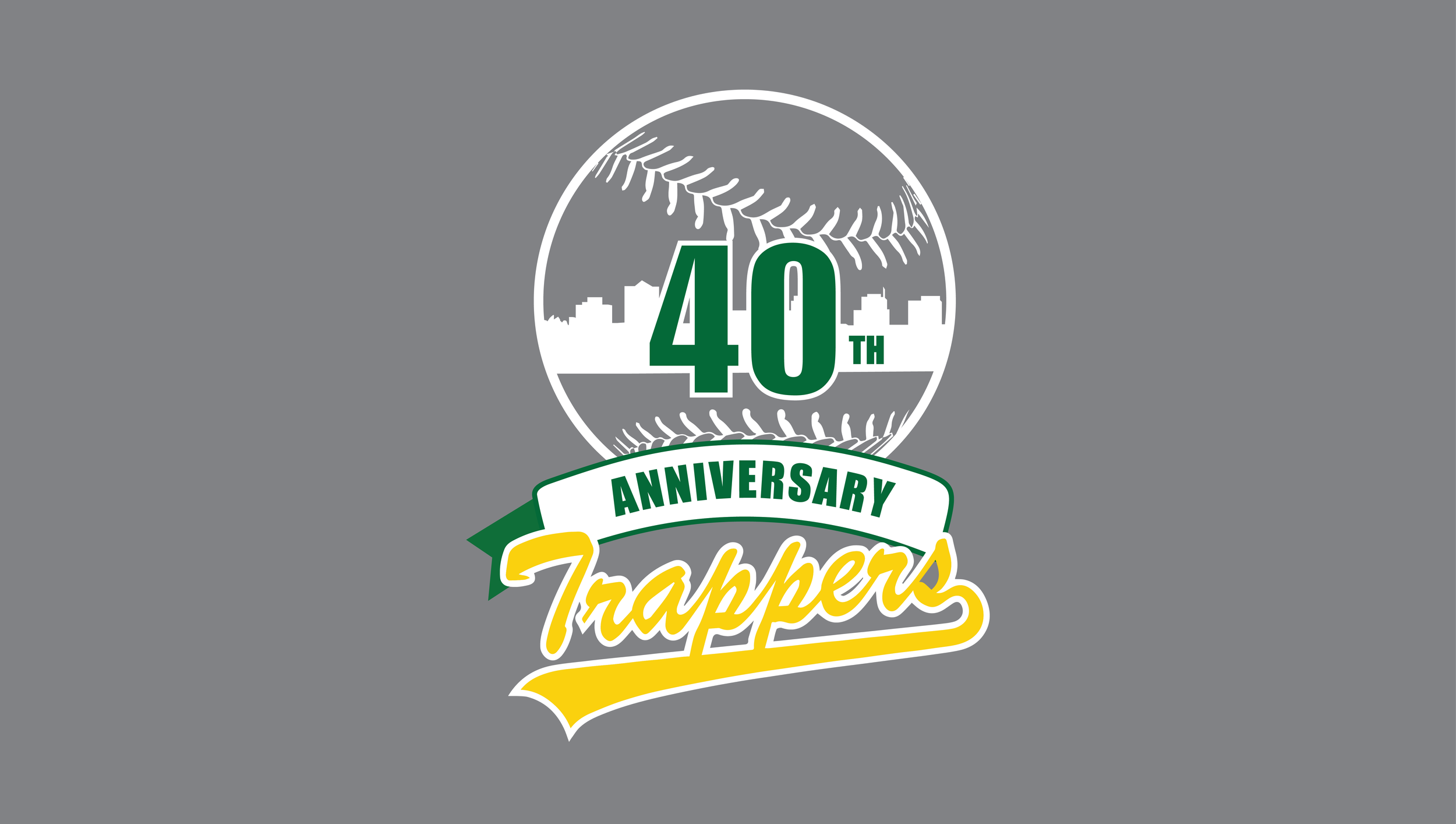 Anniversary logo with a baseball and city skyline, celebrating 40 years of Trappers.