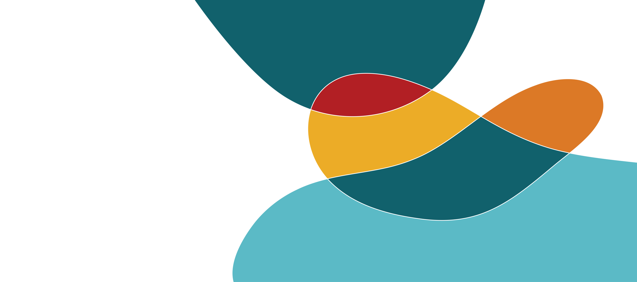 An abstract graphic with multicolored, overlapping curved shapes in teal, orange, red, light blue, and yellow on a white background.