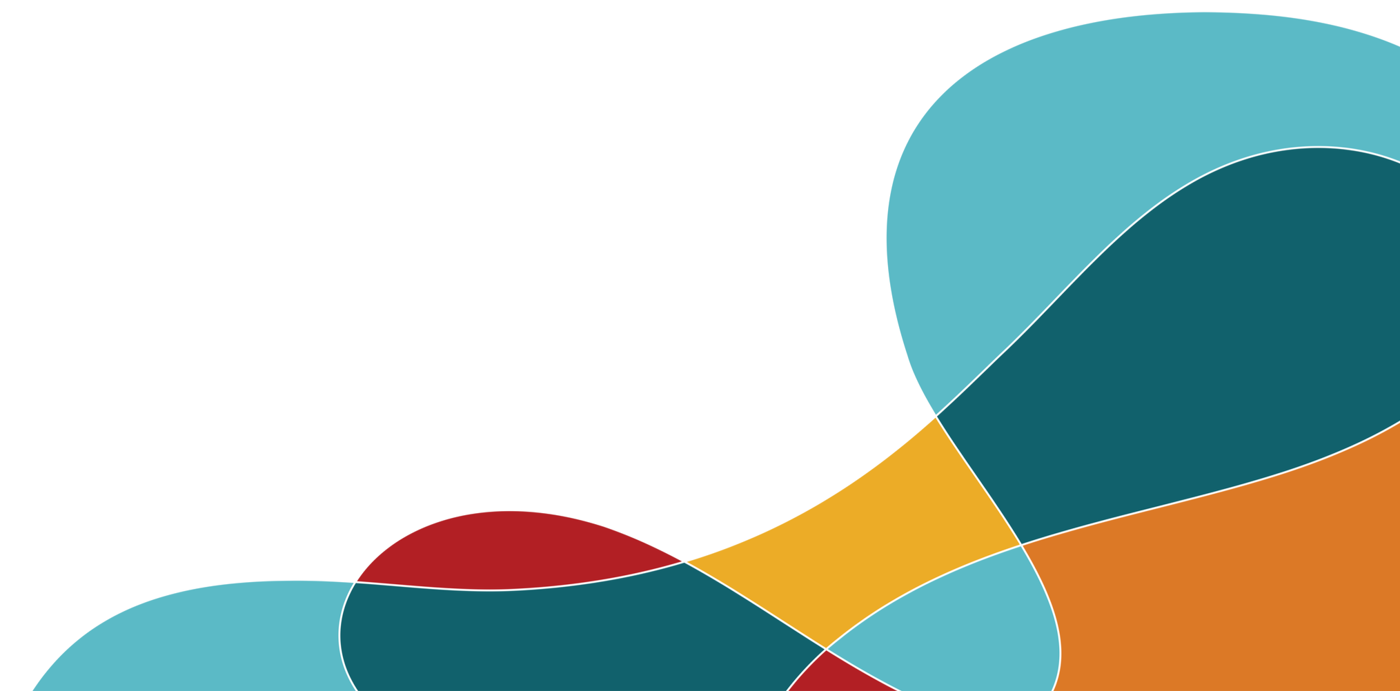 Abstract multicolored overlapping oval shapes in shades of red, teal, orange, and blue with white outlines on a black background.