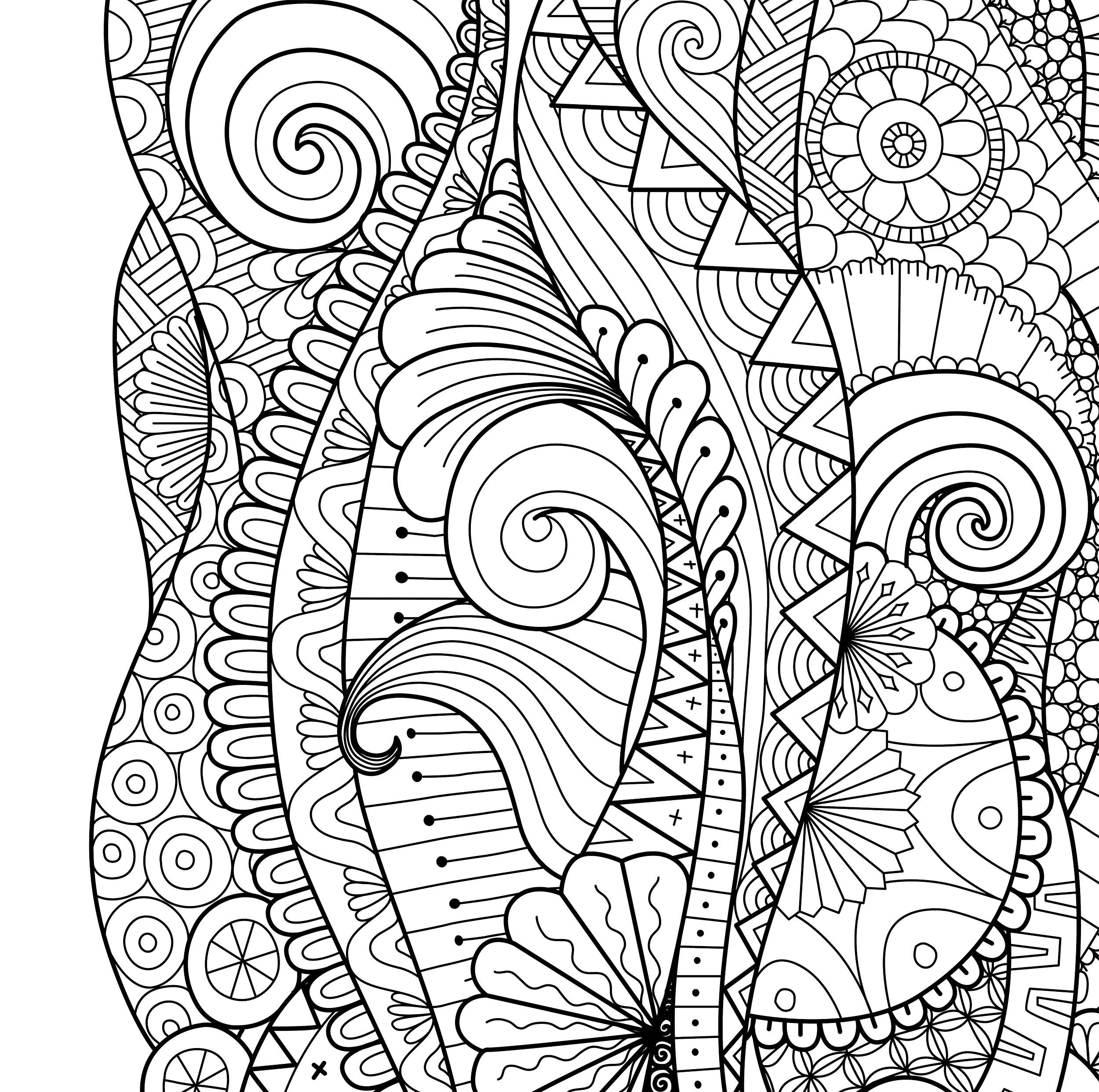 Intricate black and white line art with abstract geometric patterns and flourishes.