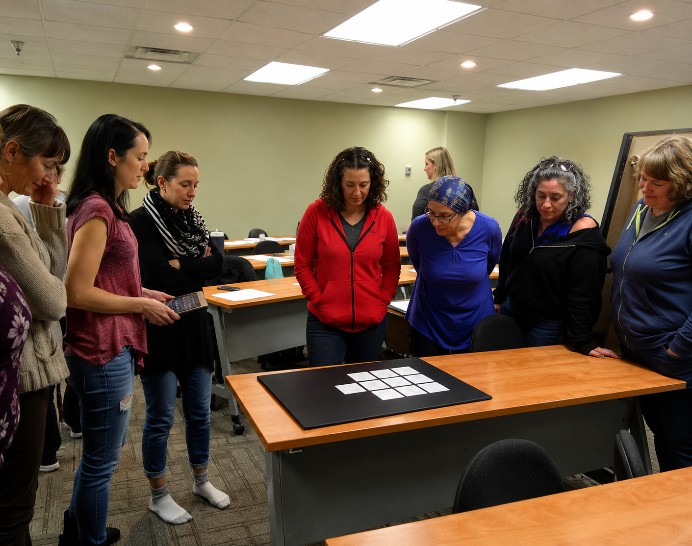 Group of women gathered around a table looking at a grid of white cards in a classroom.