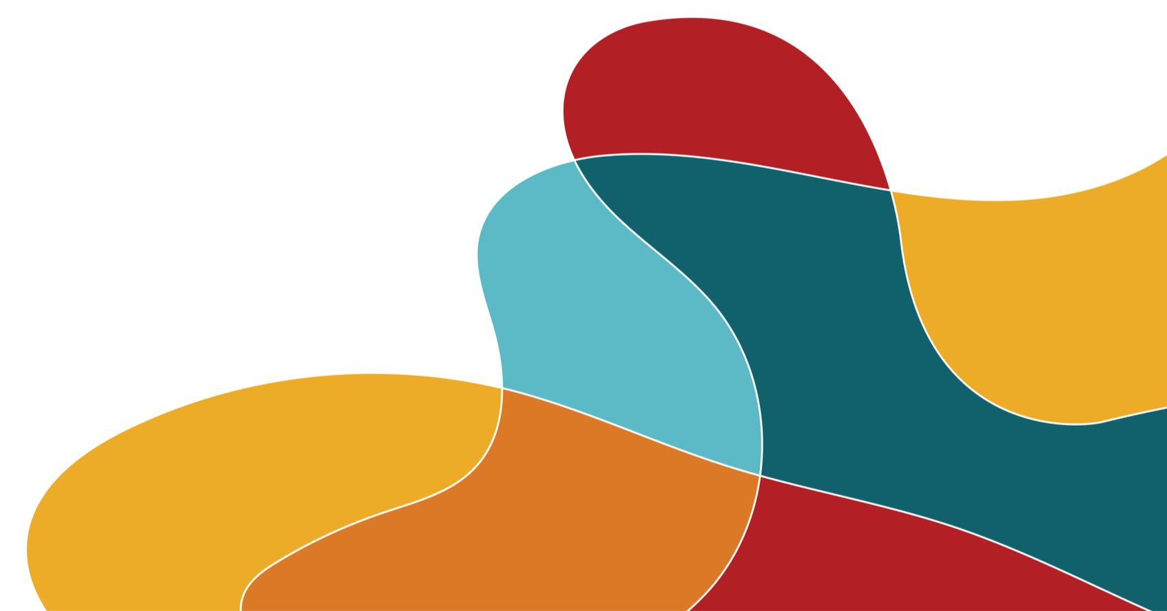 Abstract modern art with colorful overlapping curved shapes in red, teal, yellow, white, and orange.