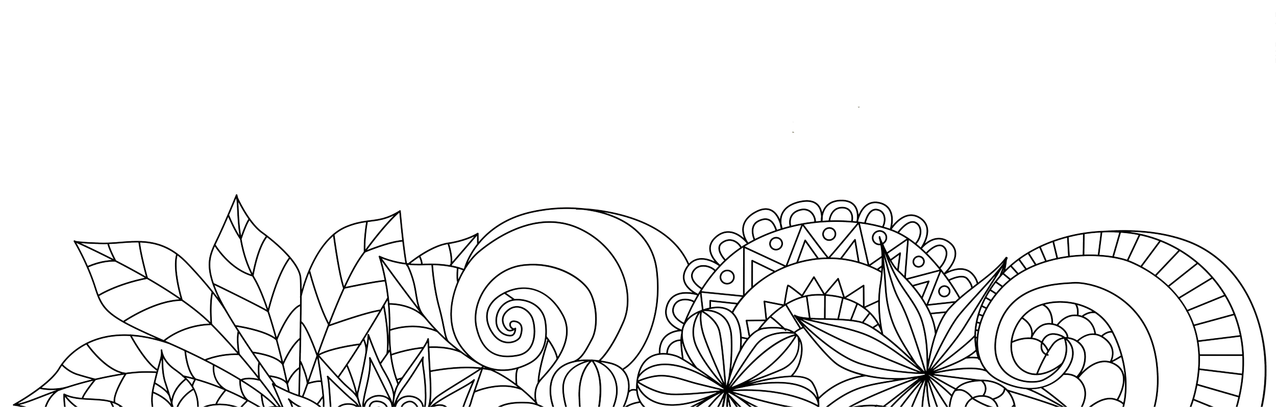 Line art of abstract floral and spiral designs on black background.