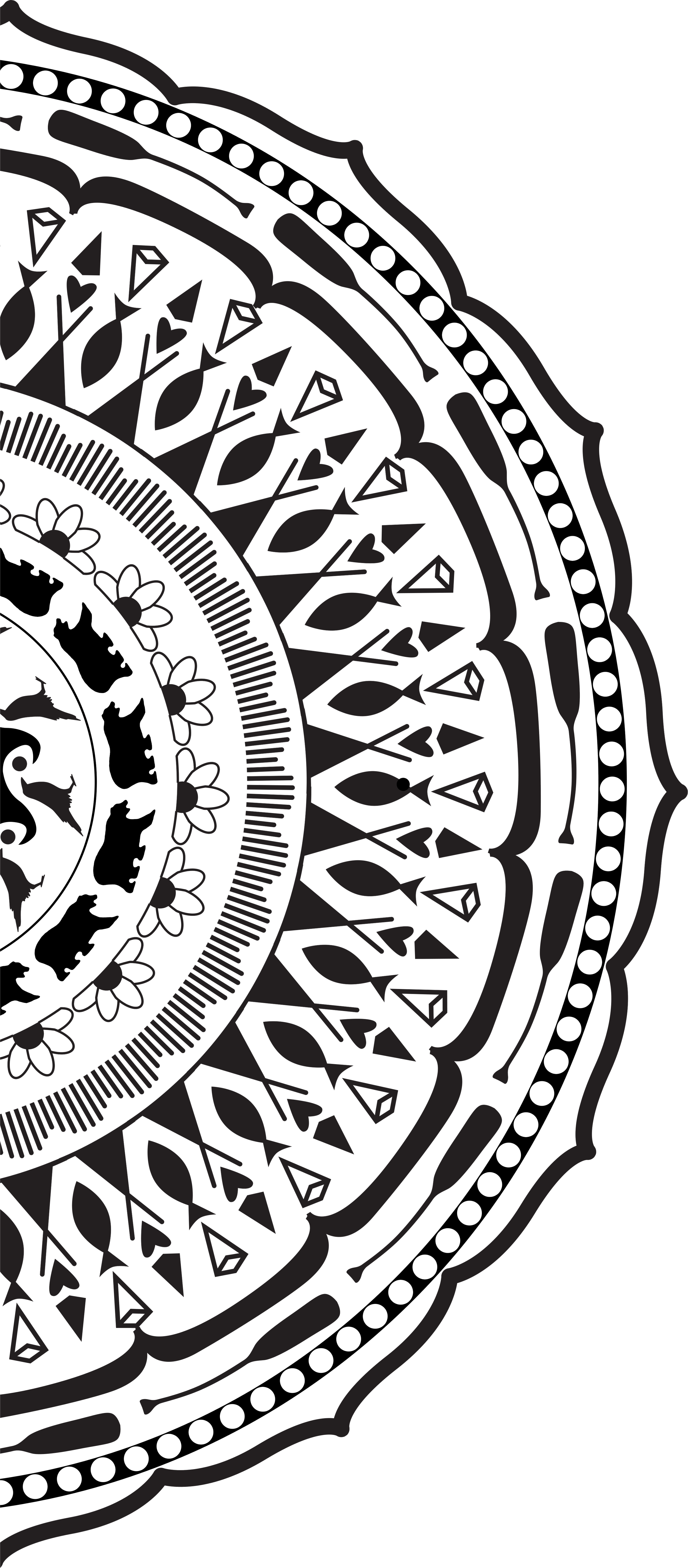 Black and white mandala pattern with intricate geometric and floral designs.