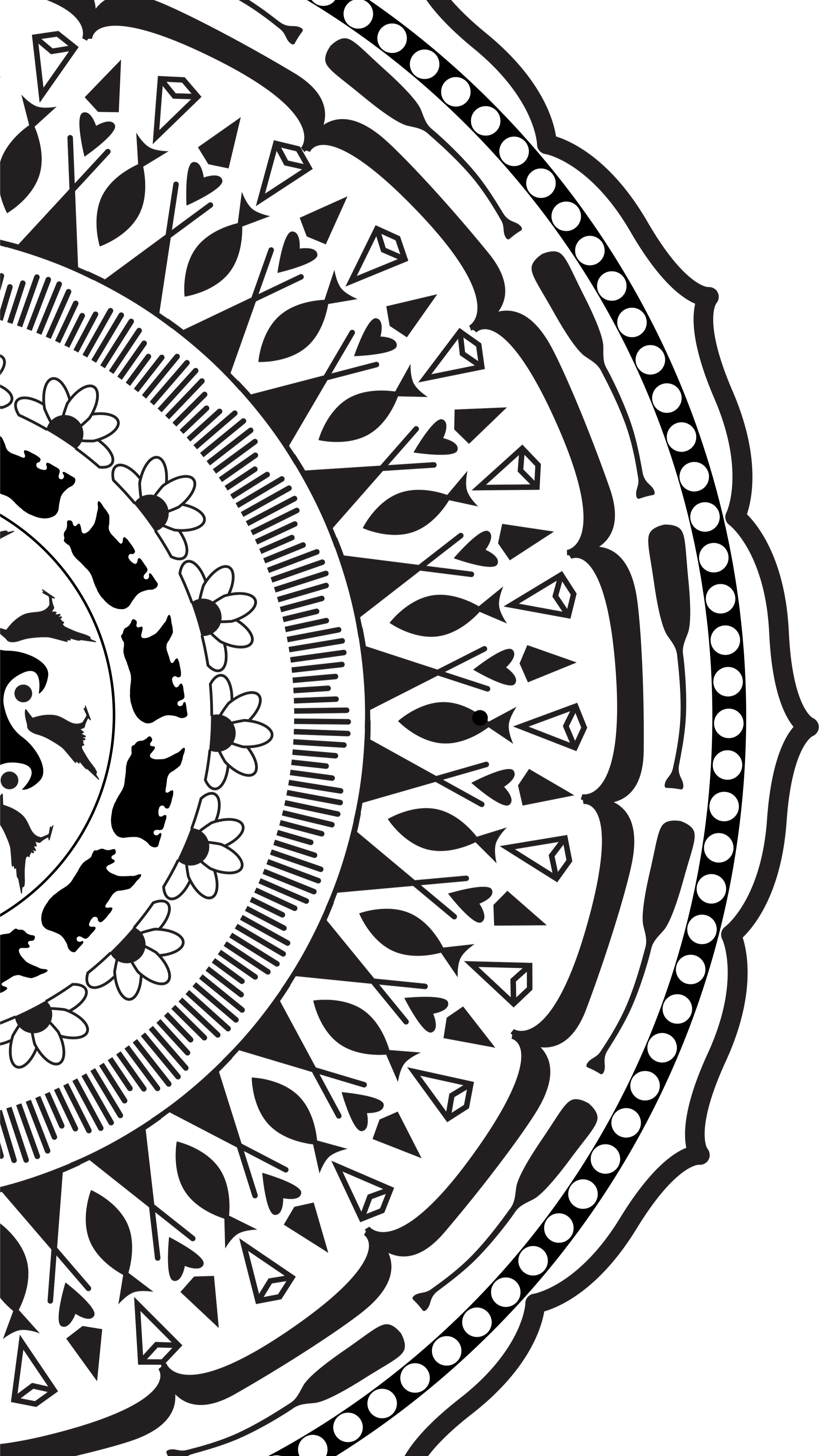 Detailed black and white mandala pattern with concentric circles, floral motifs, geometric shapes, and decorative lines.