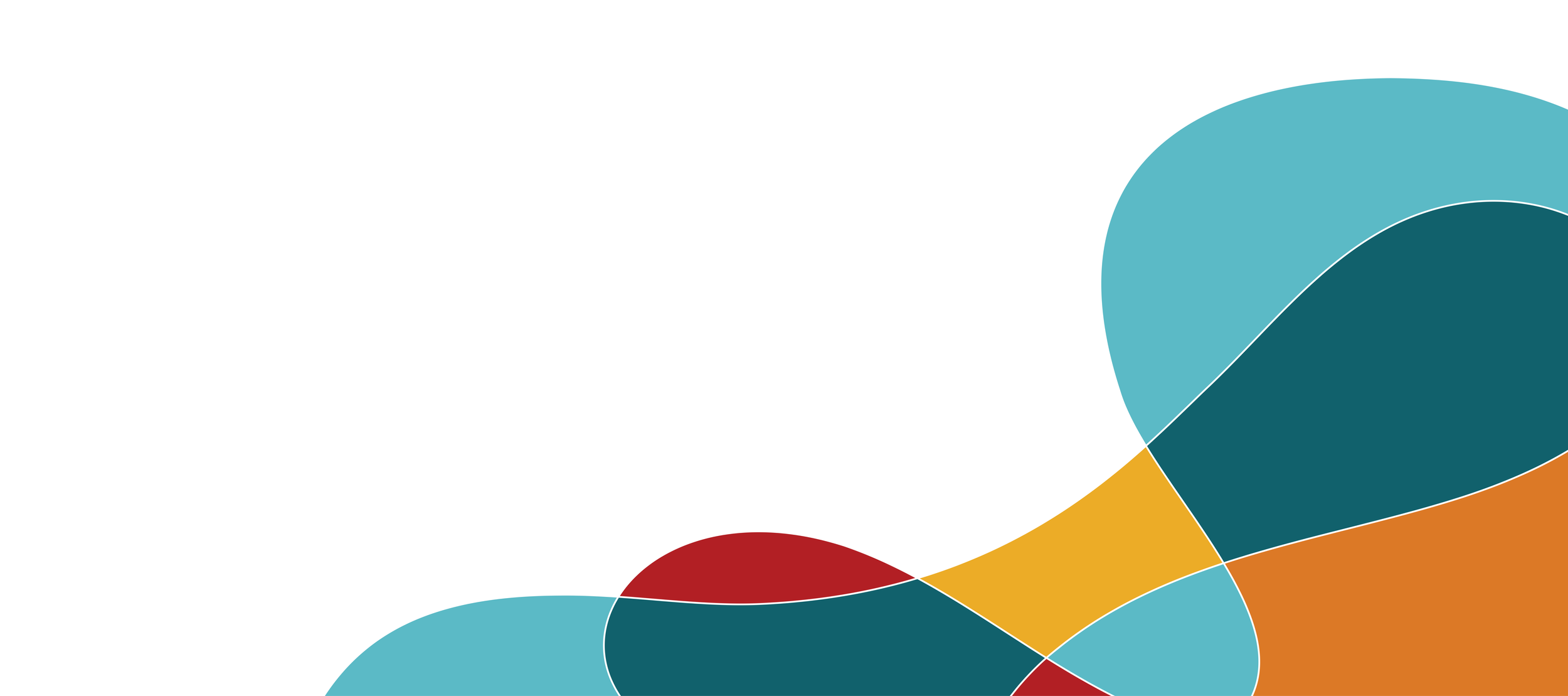An abstract design with colorful overlapping curved shapes in blue, teal, red, mustard yellow, and orange on a black background.