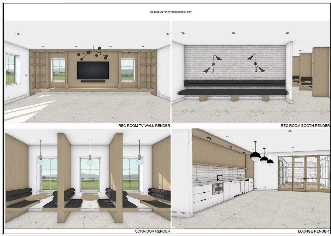 Four interior room renderings: a media room with built-in shelving and a wall-mounted TV; a communal area with a brick wall, black benches, and wall-mounted lamps; a dining area with booths and windows; a kitchen with white cabinets, a sink, and hanging light fixtures.