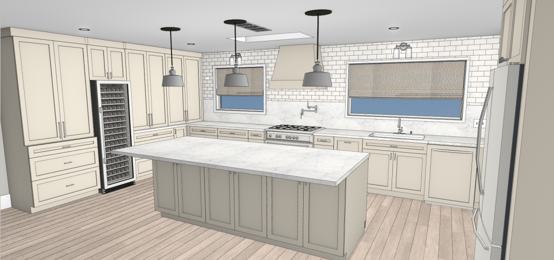Kitchen with cream-colored cabinets, marble countertops, a kitchen island, two windows with Roman shades, a stove with a range hood, a wine fridge, and wooden flooring.