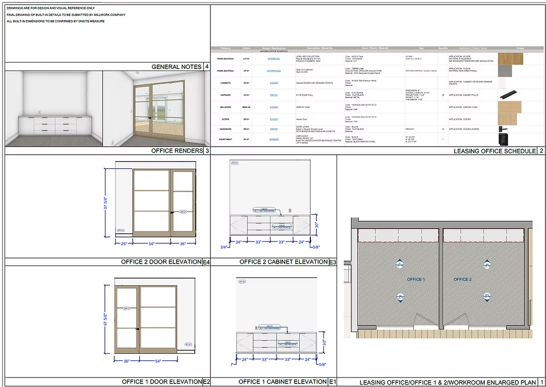 This image shows a detailed architectural blueprint or construction drawing of office interiors, including door and cabinet elevations, a floor plan, and finish schedules. It features measurements, technical specifications, and visual renderings of office spaces.