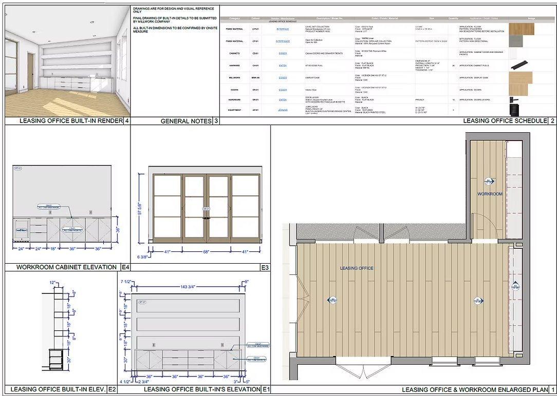 Blueprint layout of leasing office and workroom area with cabinet elevation drawings and interior rendering. Includes schedule and notes.