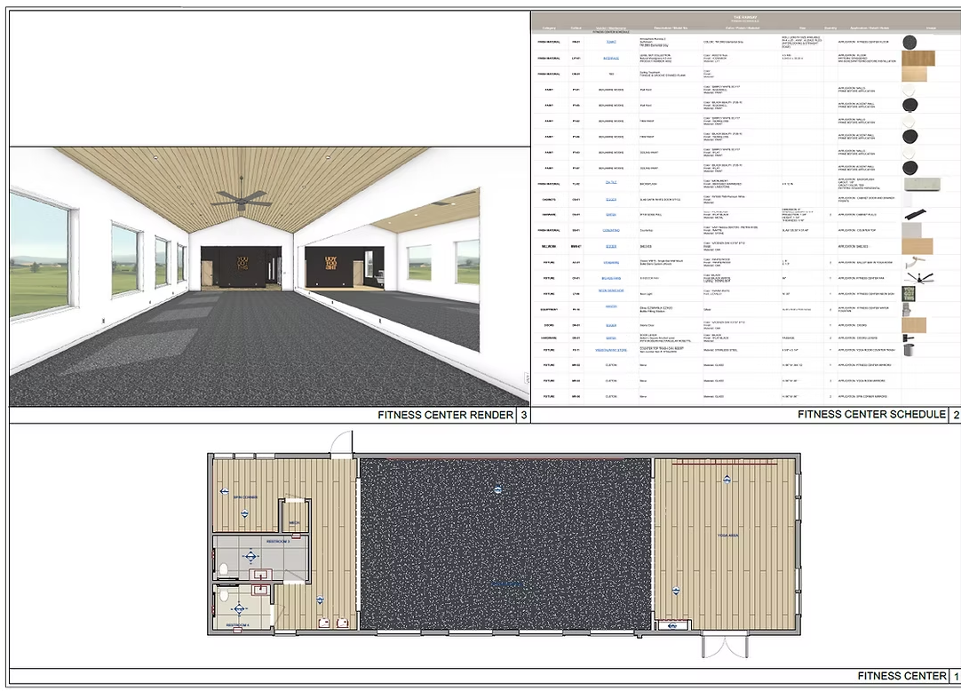 Design plan for a fitness center including interior rendering, schedule, and layout.