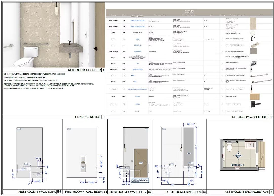 Blueprints and specifications for Restroom 4, showing layout, wall elevations, sink elevation, and enlarged plan view.
