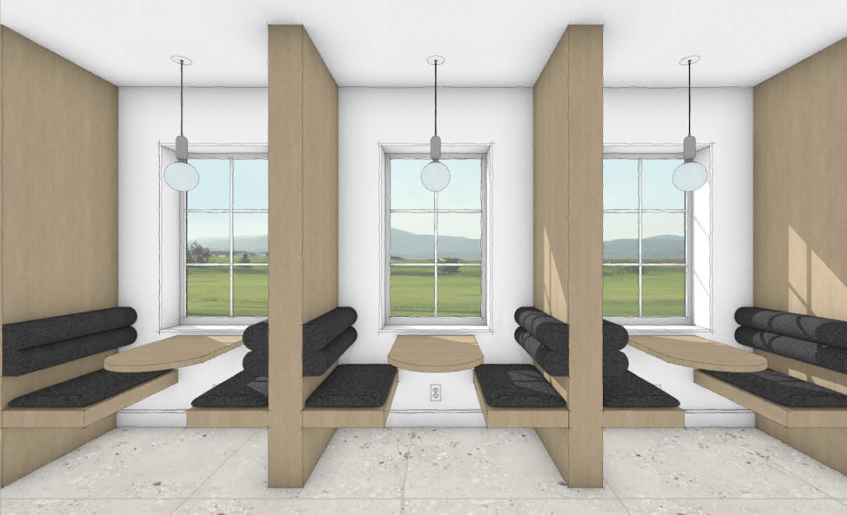 Interior of a modern dining or lounge area with three booths separated by partial walls, each with a wooden table and black cushioned seats, large windows showing a green landscape and mountains, and hanging pendant lights.