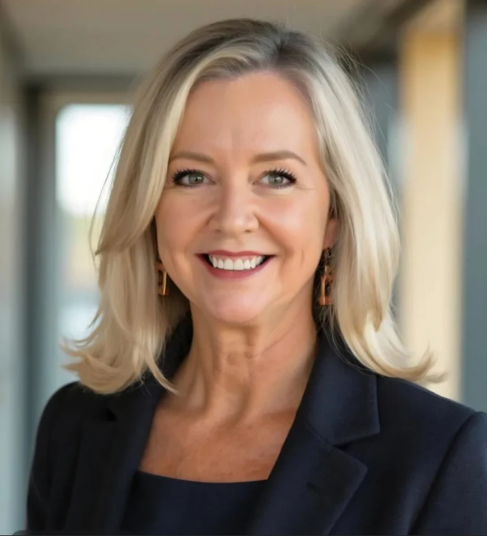 A woman with shoulder-length blonde hair, smiling, wearing a dark blazer and earrings, standing indoors with blurred background.