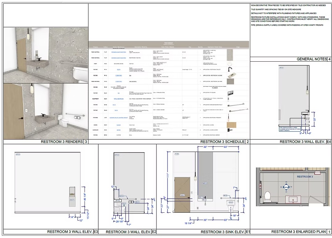 Architectural plans and renderings of Restroom 3 including wall elevations, a sink, toilet, and layout with measurements.