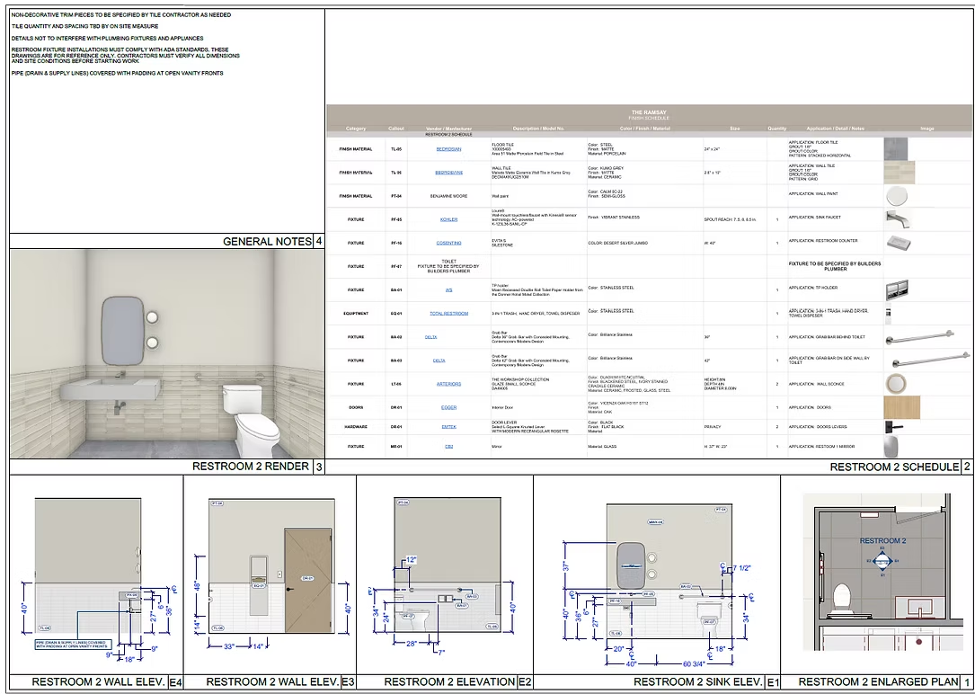 A detailed architectural and construction plan for Restroom 2, including interior elevation views, side and front elevations, electrical and plumbing fixtures, and a schedule of materials and finishes.
