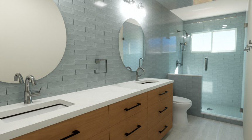 Modern bathroom with two sinks, oval mirrors, wooden cabinets, and a walk-in shower with a glass door.