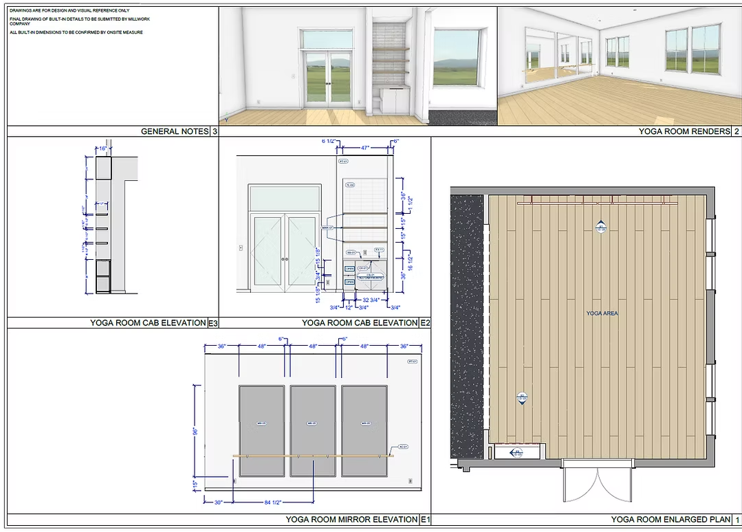 A detailed architectural plan of a yoga room, including 3D renderings of the interior, exterior elevations, and floor layout. The plan features large windows, wooden flooring, and specific measurements for construction.