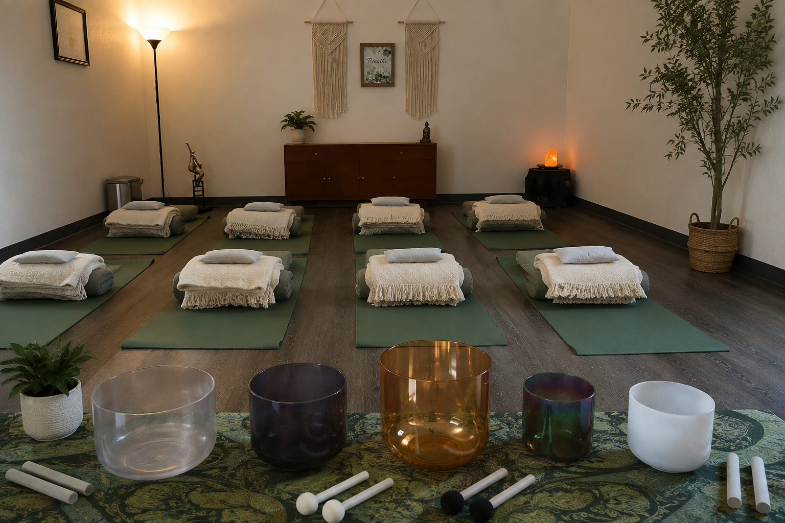 Sound journey space with crystal singing bowls, yoga mats, blankets and bolsters