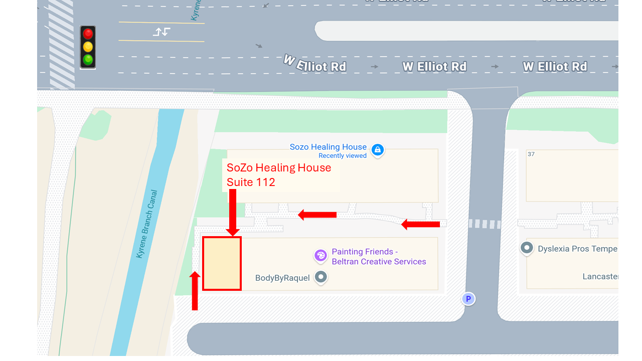Map showing the location of SoZo Healing House Suite 112, indicated with arrows and a red box. The map includes nearby streets, W Elliot Rd, a canal labeled Kyrene Branch Canal, and surrounding businesses like Painting Friends and Dyslexia Pros Tempe.