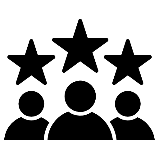 A black and white icon of three people with three stars over their heads.