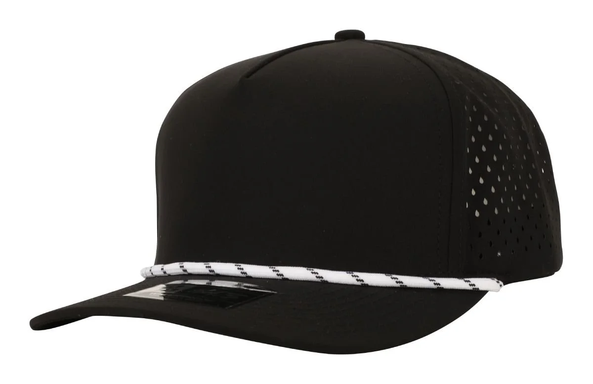 Black baseball cap with a white and black striped brim and perforated sides.