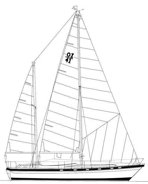 Line drawing of a sailboat with two masts, sails hoisted, and the number 41 on one sail.