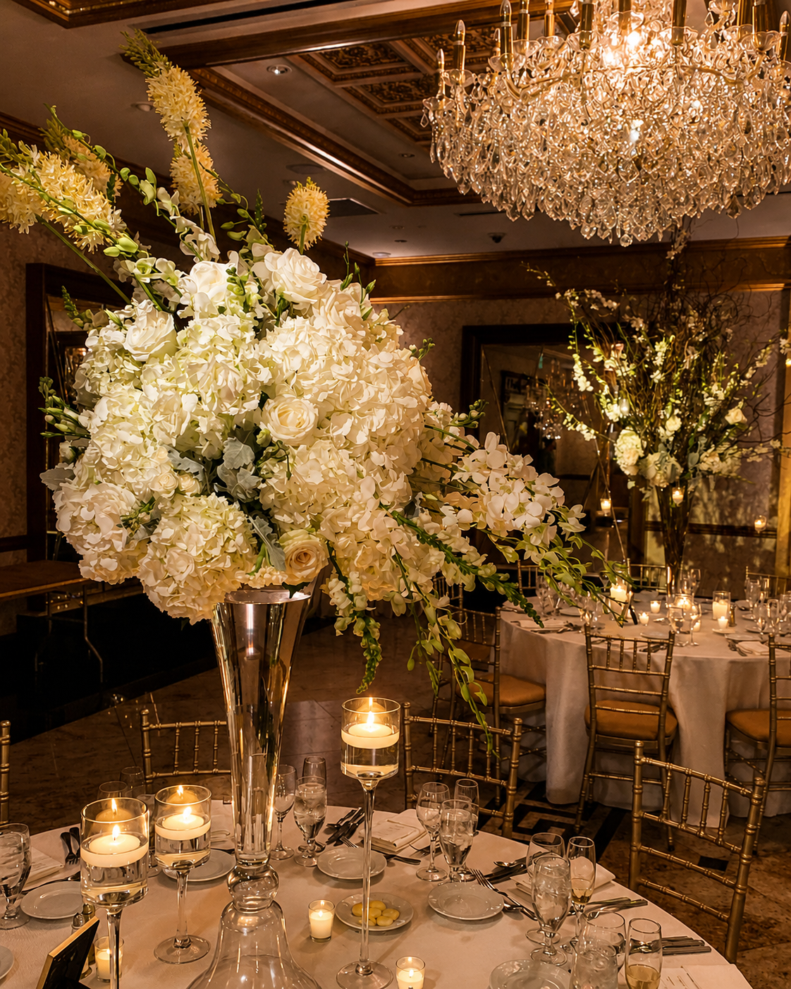 Elegant event space decorated with tall floral arrangements of white roses, hydrangeas, and other white flowers, illuminated by candles and a large crystal chandelier.