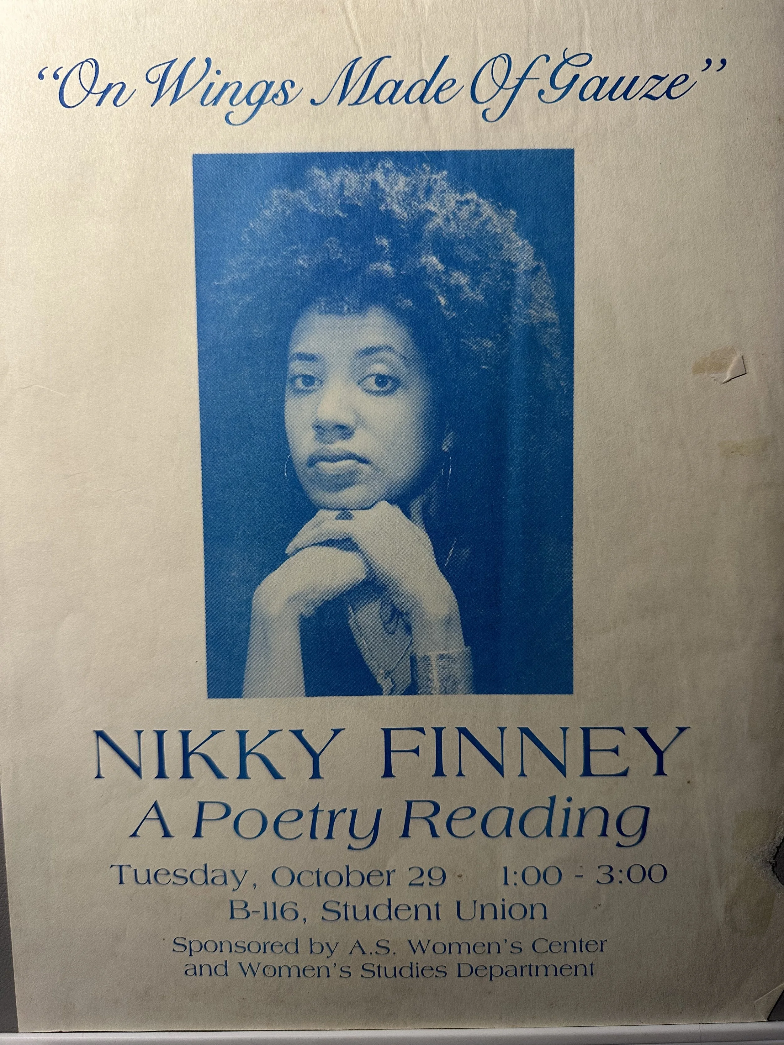 The author's name is NIKKY FINNEY, and the subtitle states 'A Poetry Reading' scheduled for Tuesday, October 29 from 1:00 to 3:00 at B-116 Student Union, sponsored by A.S. Women's Center and Women's Studies Department.