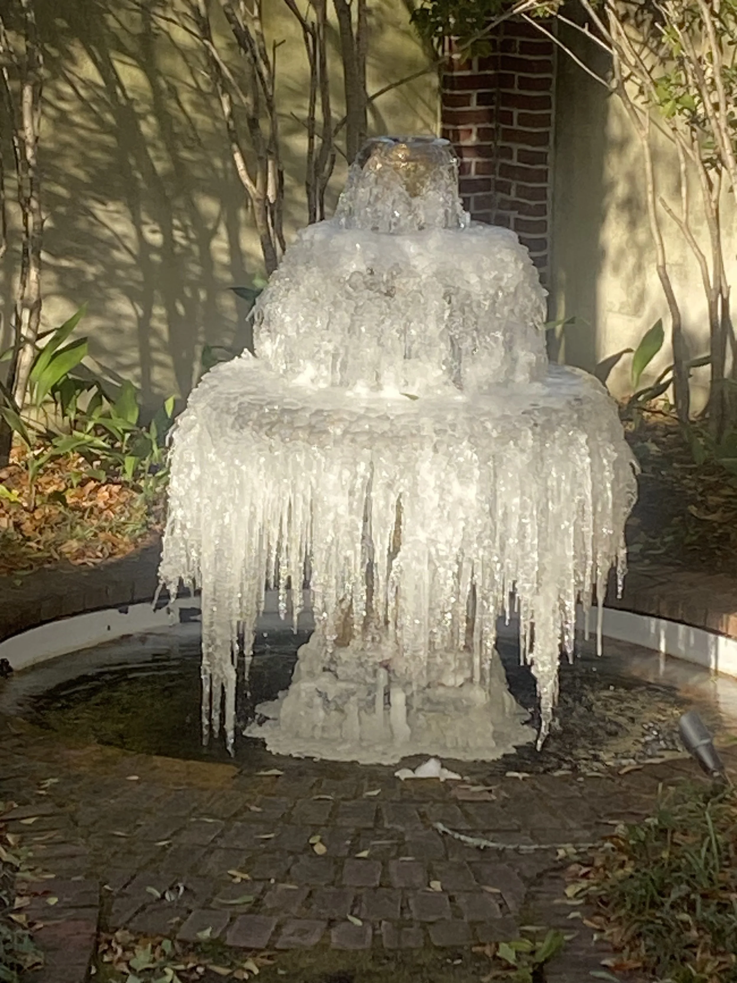 A water fountain covered in ice, with icicles hanging from it, surrounded by a brick pathway and plants.